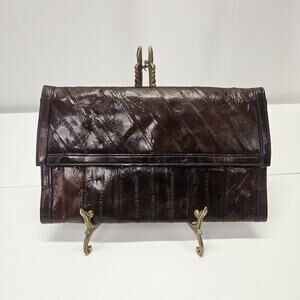 Vintage MCM Genuine Eel Skin Envelope Clutch Purse Brown Black Evening Bag